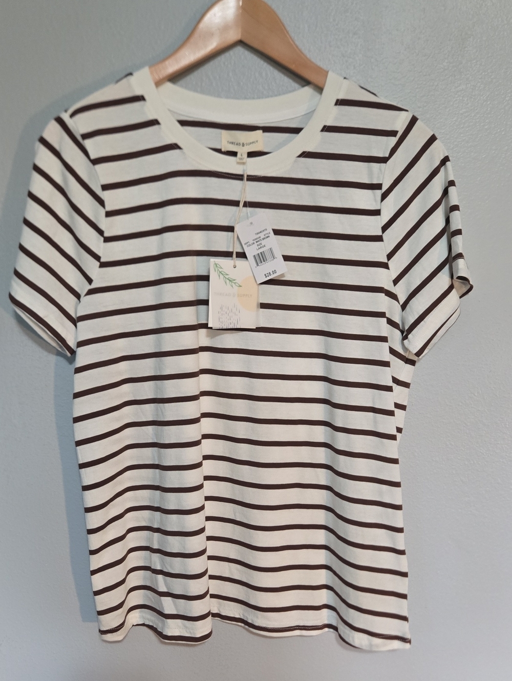 NWT-Womens Casual Stripe Short-Sleeve Tee - White with Brown Stripes, Size L